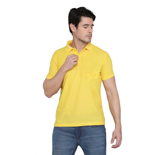 Amfyn Men's Casual Half Sleeve Solid Cotton Blended Polo Neck T-shirt (Yellow)