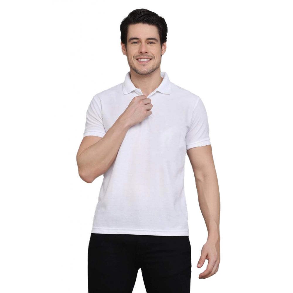 Amfyn Men's Casual Half Sleeve Solid Cotton Blended Polo Neck T-shirt (White)