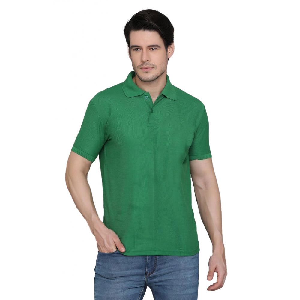 Amfyn Men's Casual Half Sleeve Solid Cotton Blended Polo Neck T-shirt (Green)