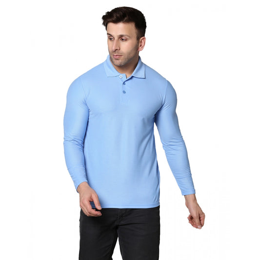 Amfyn Men's Casual Full Sleeve Solid Cotton Blended Polo Neck T-shirt (Sky)