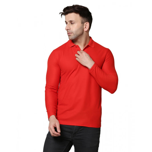 Amfyn Men's Casual Full Sleeve Solid Cotton Blended Polo Neck T-shirt (Red)