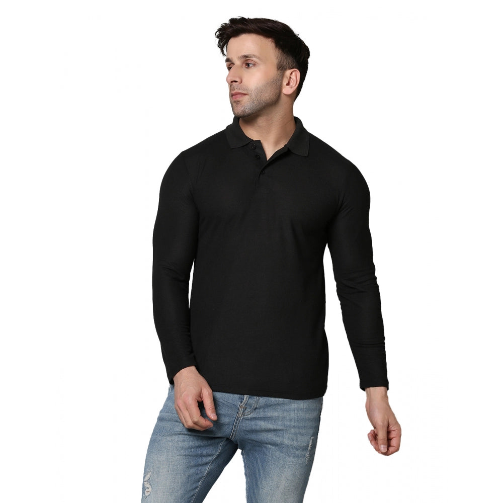 Amfyn Men's Casual Full Sleeve Solid Cotton Blended Polo Neck T-shirt (Black)