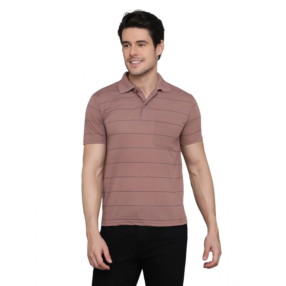 Amfyn Men's Casual Half Sleeve Striped Cotton Blended Polo Neck T-shirt (Pink)