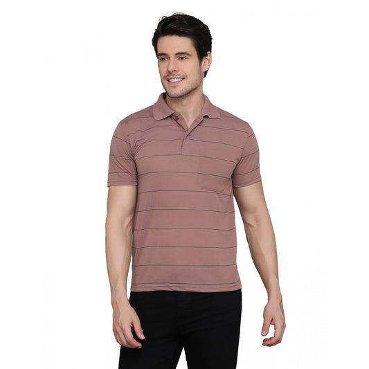 Amfyn Men's Casual Half Sleeve Striped Cotton Blended Polo Neck T-shirt (Pink)