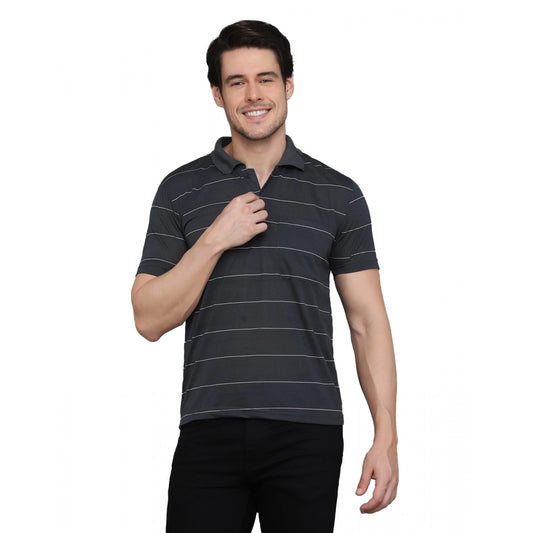 Amfyn Men's Casual Half Sleeve Striped Cotton Blended Polo Neck T-shirt (Grey)