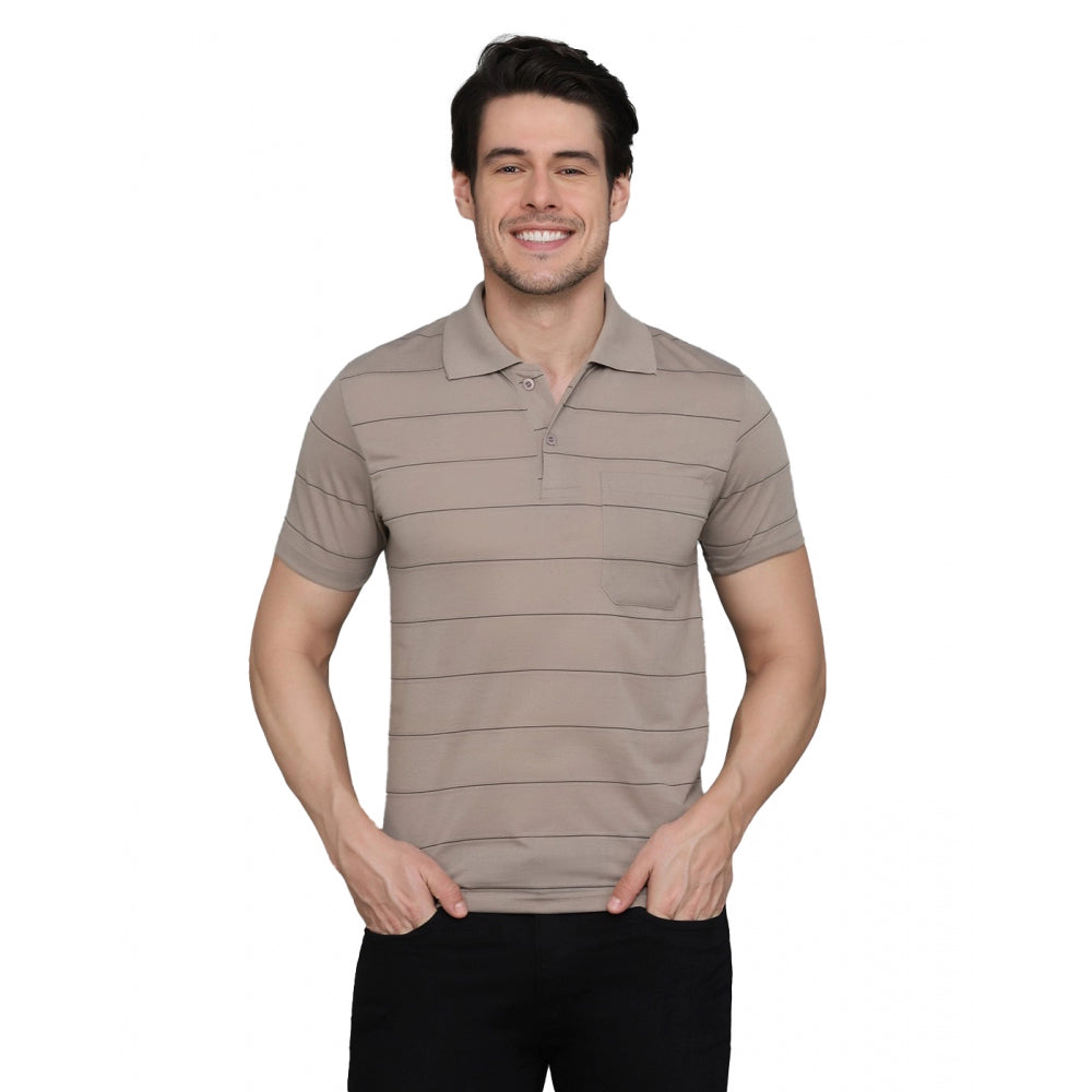 Amfyn Men's Casual Half Sleeve Striped Cotton Blended Polo Neck T-shirt (Beige)
