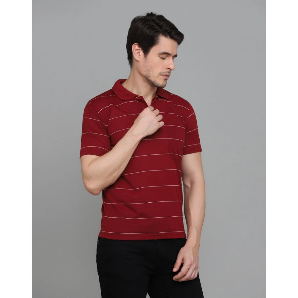Amfyn Men's Casual Half Sleeve Striped Cotton Blended Polo Neck T-shirt (Maroon)