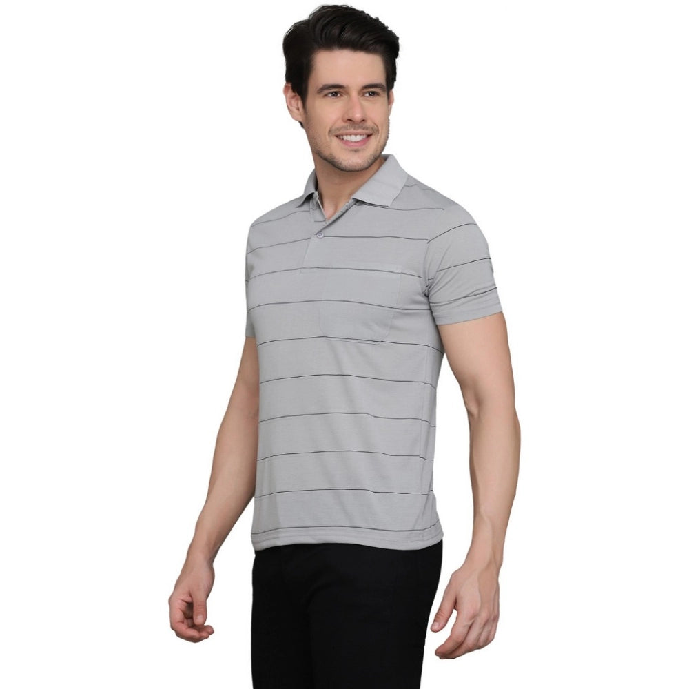 Amfyn Men's Casual Half Sleeve Striped Cotton Blended Polo Neck T-shirt (L.Grey)