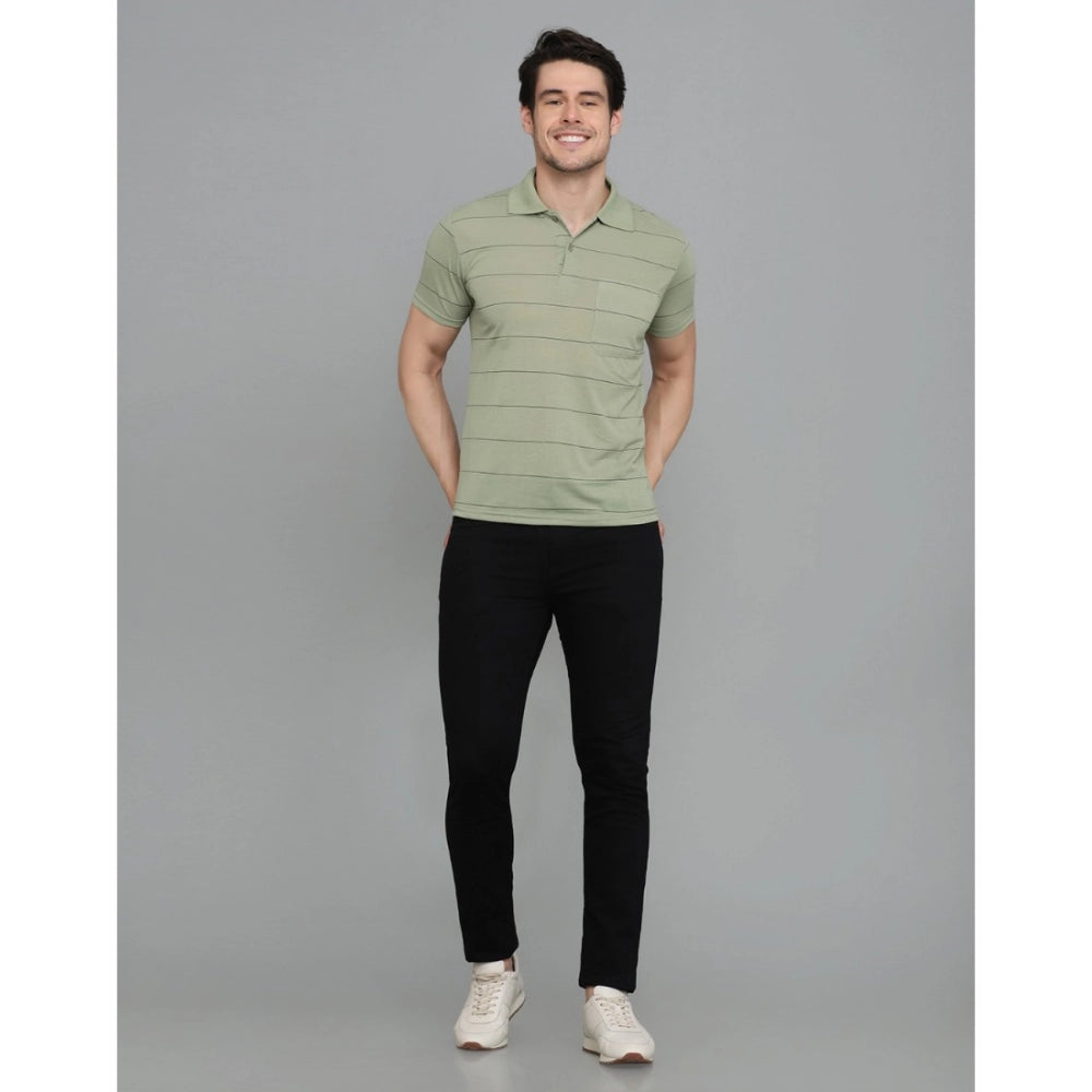 Amfyn Men's Casual Half Sleeve Striped Cotton Blended Polo Neck T-shirt (L.Green)