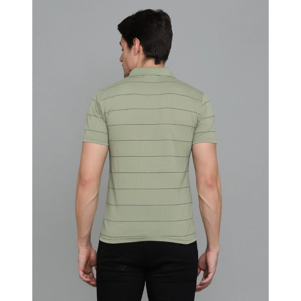 Amfyn Men's Casual Half Sleeve Striped Cotton Blended Polo Neck T-shirt (L.Green)