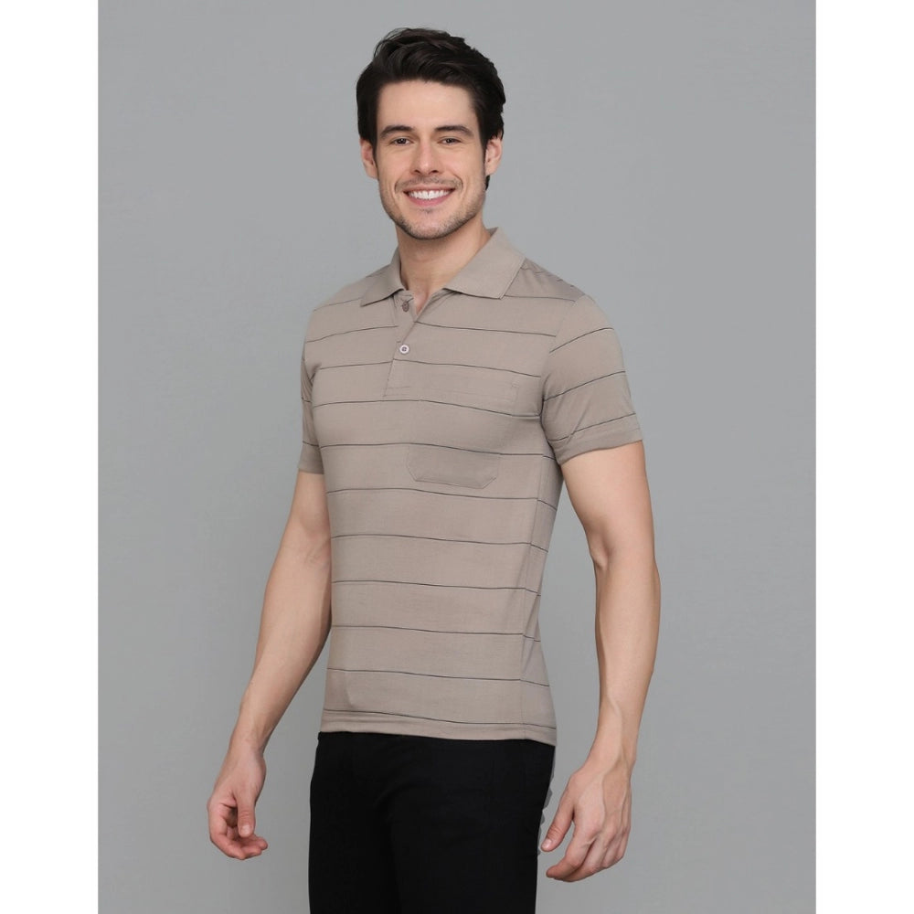 Amfyn Men's Casual Half Sleeve Striped Cotton Blended Polo Neck T-shirt (Beige)