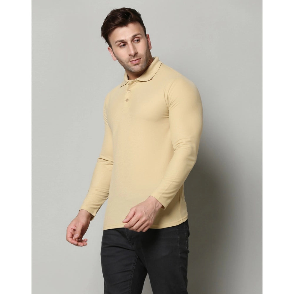 Amfyn Men's Casual Full Sleeve Solid Cotton Blended Polo Neck T-shirt (Beige)
