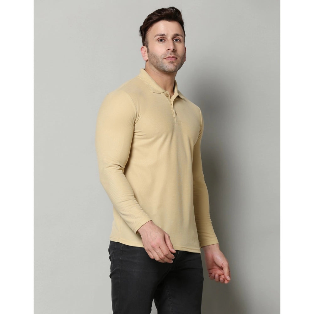 Amfyn Men's Casual Full Sleeve Solid Cotton Blended Polo Neck T-shirt (Beige)