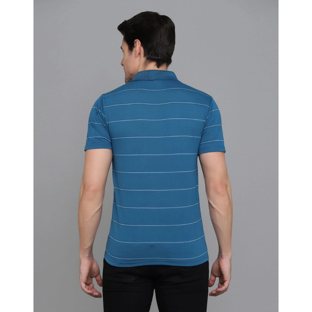 Amfyn Men's Casual Half Sleeve Striped Cotton Blended Polo Neck T-shirt (Teel Blue)