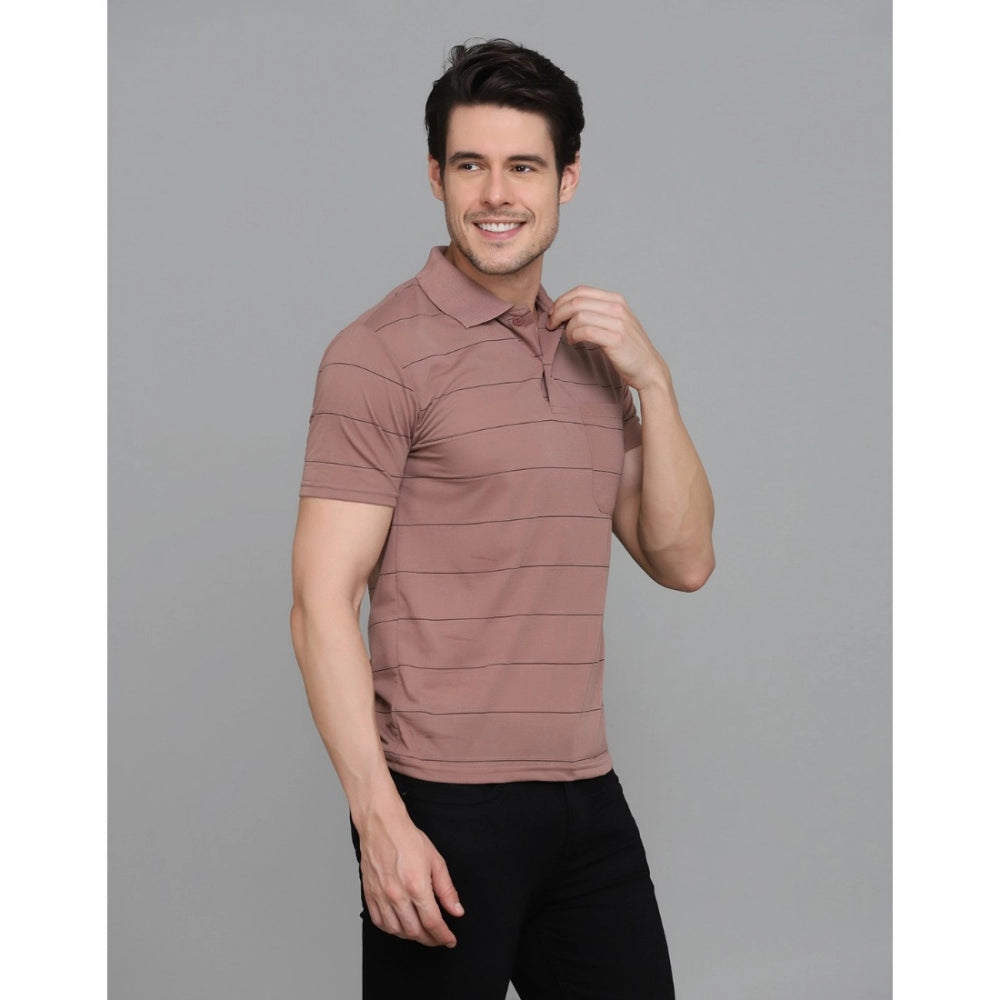 Amfyn Men's Casual Half Sleeve Striped Cotton Blended Polo Neck T-shirt (Pink)