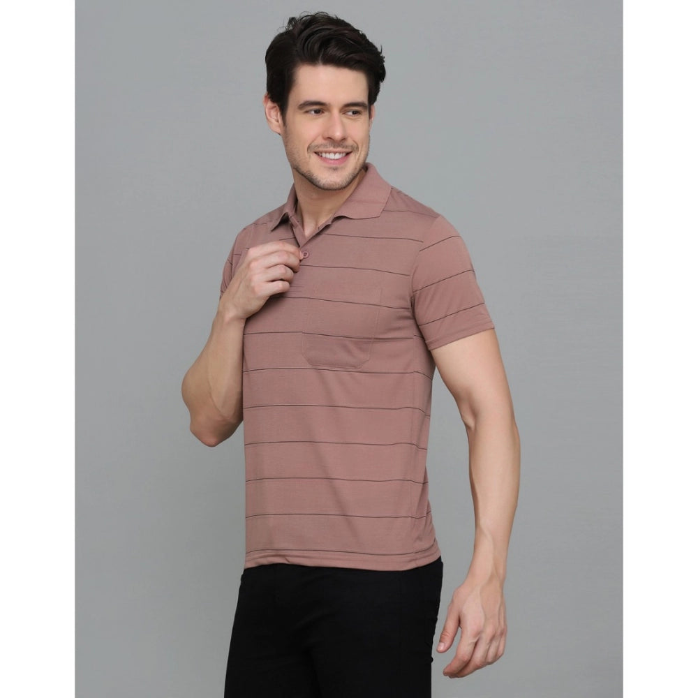 Amfyn Men's Casual Half Sleeve Striped Cotton Blended Polo Neck T-shirt (Pink)