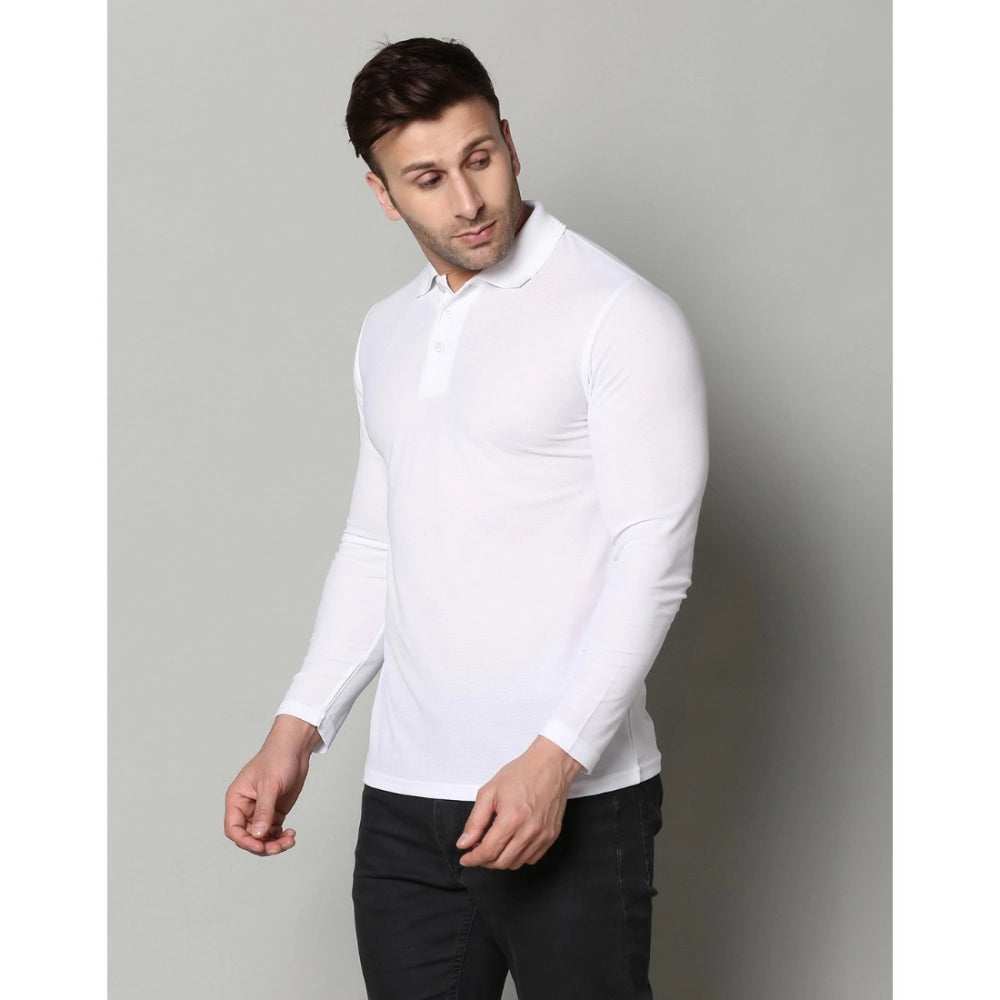 Amfyn Men's Casual Full Sleeve Solid Cotton Blended Polo Neck T-shirt (White)