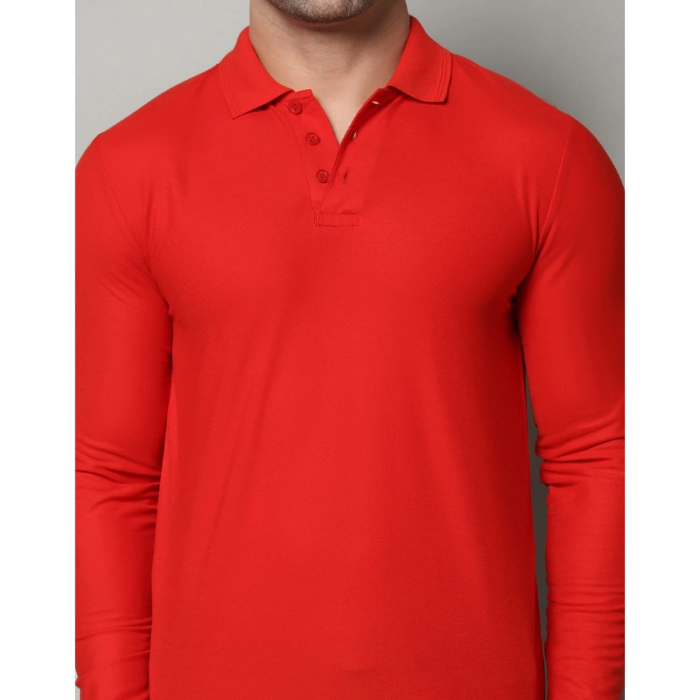 Amfyn Men's Casual Full Sleeve Solid Cotton Blended Polo Neck T-shirt (Red)