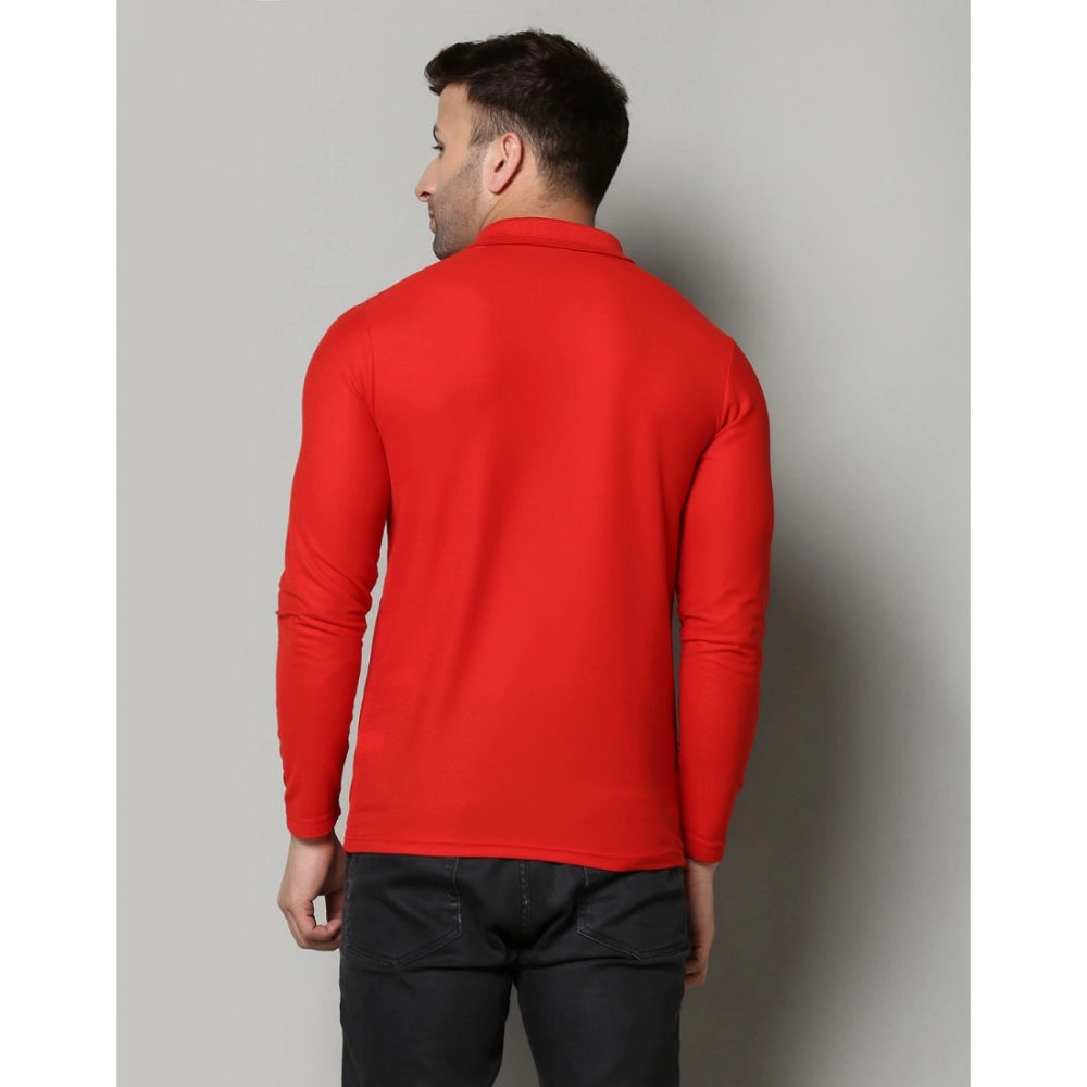 Amfyn Men's Casual Full Sleeve Solid Cotton Blended Polo Neck T-shirt (Red)