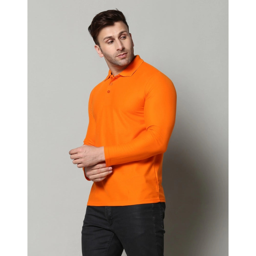 Amfyn Men's Casual Full Sleeve Solid Cotton Blended Polo Neck T-shirt (Orange)