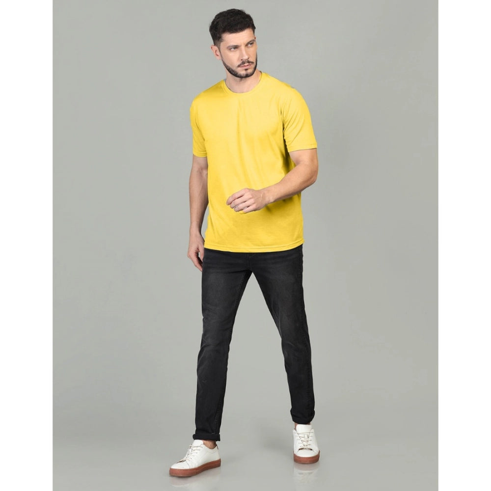 Amfyn Men's Casual Half Sleeve Solid Cotton Blended Round Neck T-shirt (Yellow)