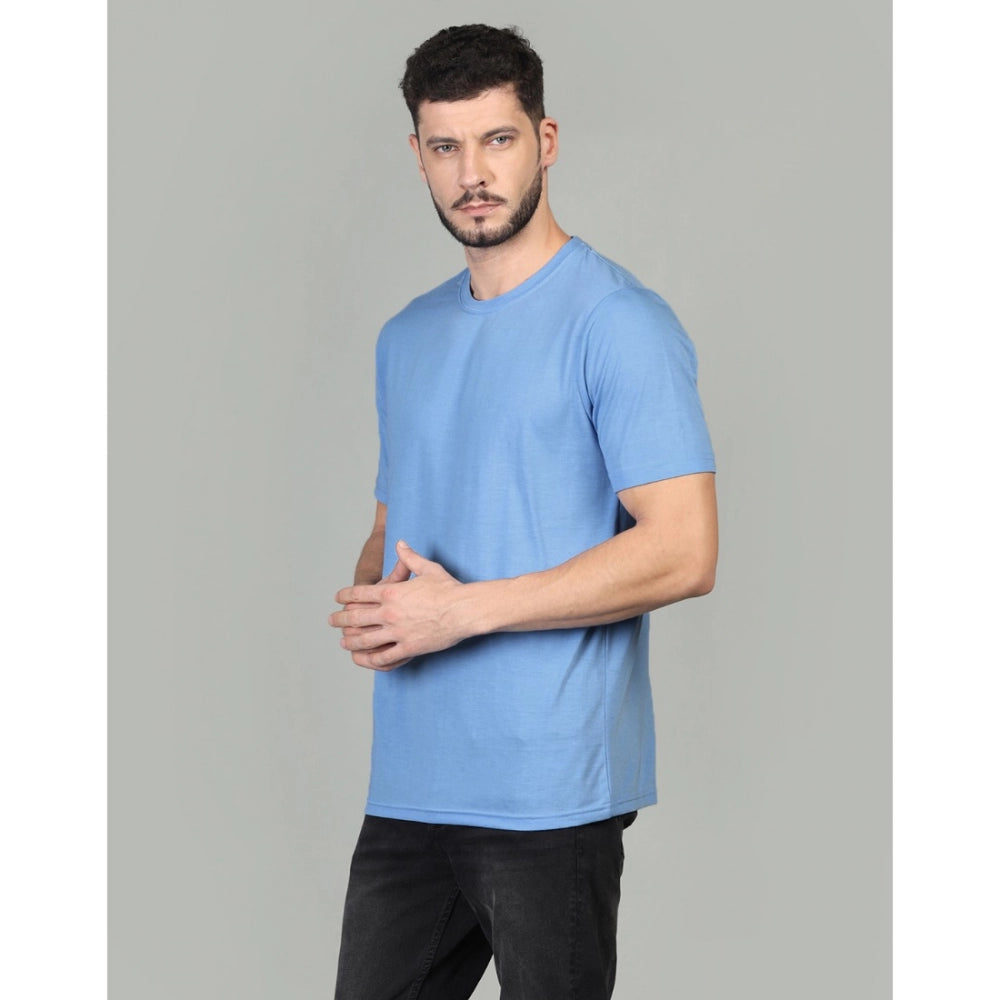 Amfyn Men's Casual Half Sleeve Solid Cotton Blended Round Neck T-shirt (Sky)