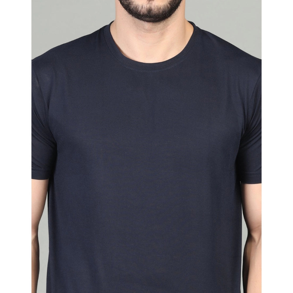 Amfyn Men's Casual Half Sleeve Solid Cotton Blended Round Neck T-shirt (Dark Blue)