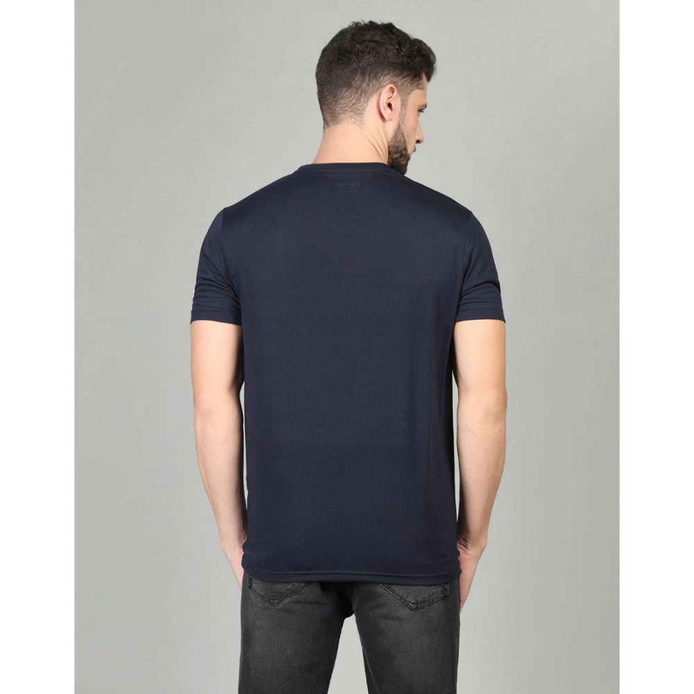 Amfyn Men's Casual Half Sleeve Solid Cotton Blended Round Neck T-shirt (Dark Blue)