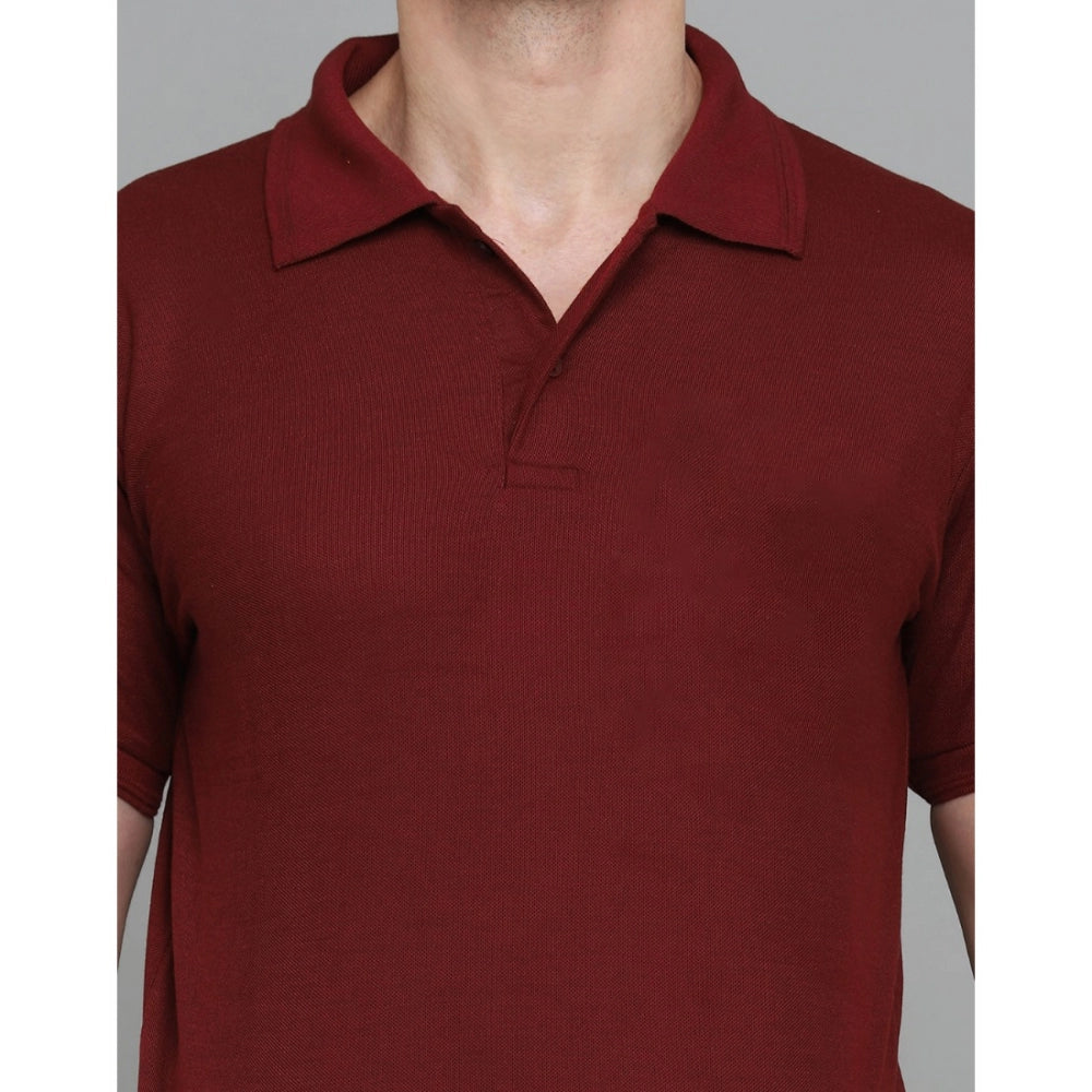 Amfyn Men's Casual Half Sleeve Solid Cotton Blended Polo Neck T-shirt (Maroon)