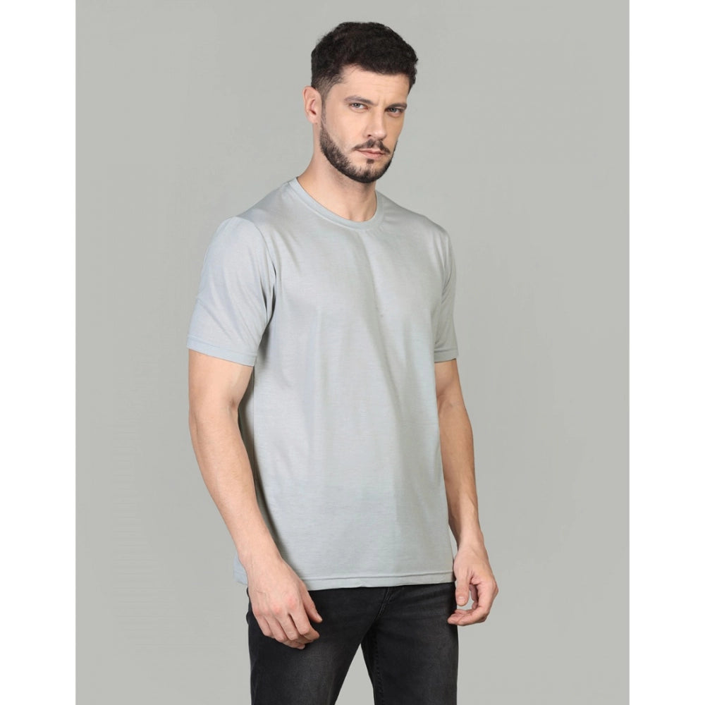 Amfyn Men's Casual Half Sleeve Solid Cotton Blended Round Neck T-shirt (Grey)