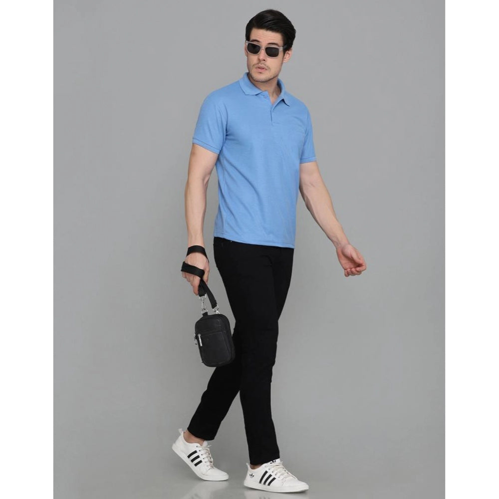 Amfyn Men's Casual Half Sleeve Solid Cotton Blended Polo Neck T-shirt (Blue)