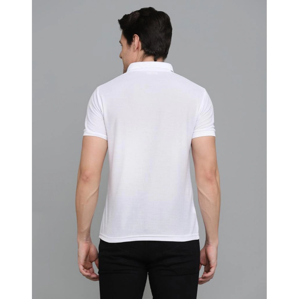 Amfyn Men's Casual Half Sleeve Solid Cotton Blended Polo Neck T-shirt (White)
