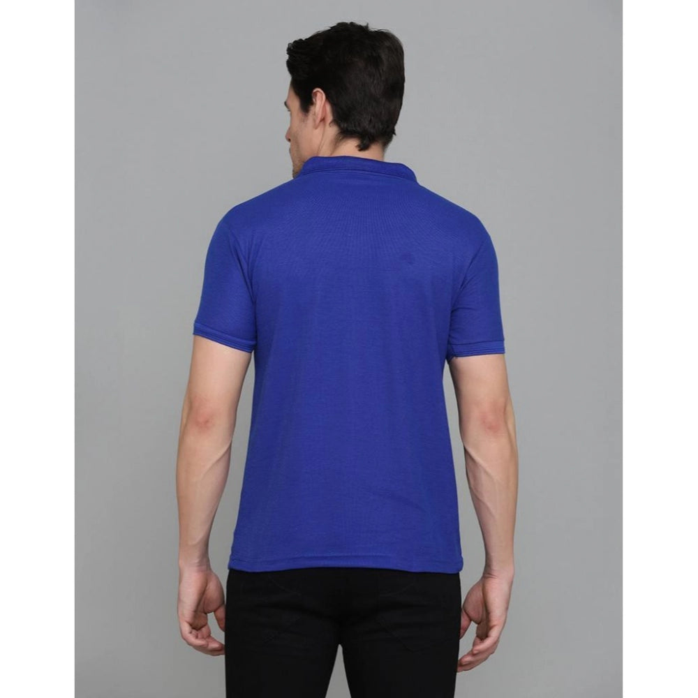 Amfyn Men's Casual Half Sleeve Solid Cotton Blended Polo Neck T-shirt (Blue)