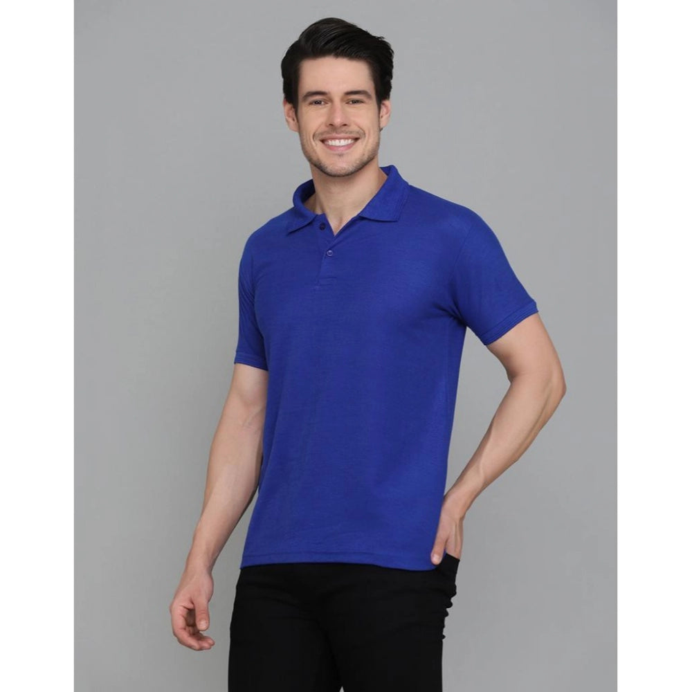 Amfyn Men's Casual Half Sleeve Solid Cotton Blended Polo Neck T-shirt (Blue)