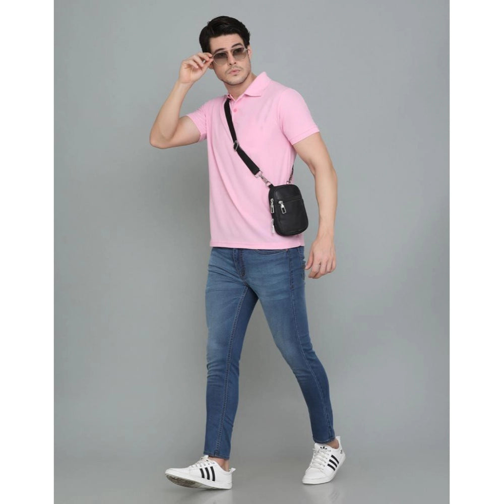 Amfyn Men's Casual Half Sleeve Solid Cotton Blended Polo Neck T-shirt (Pink)
