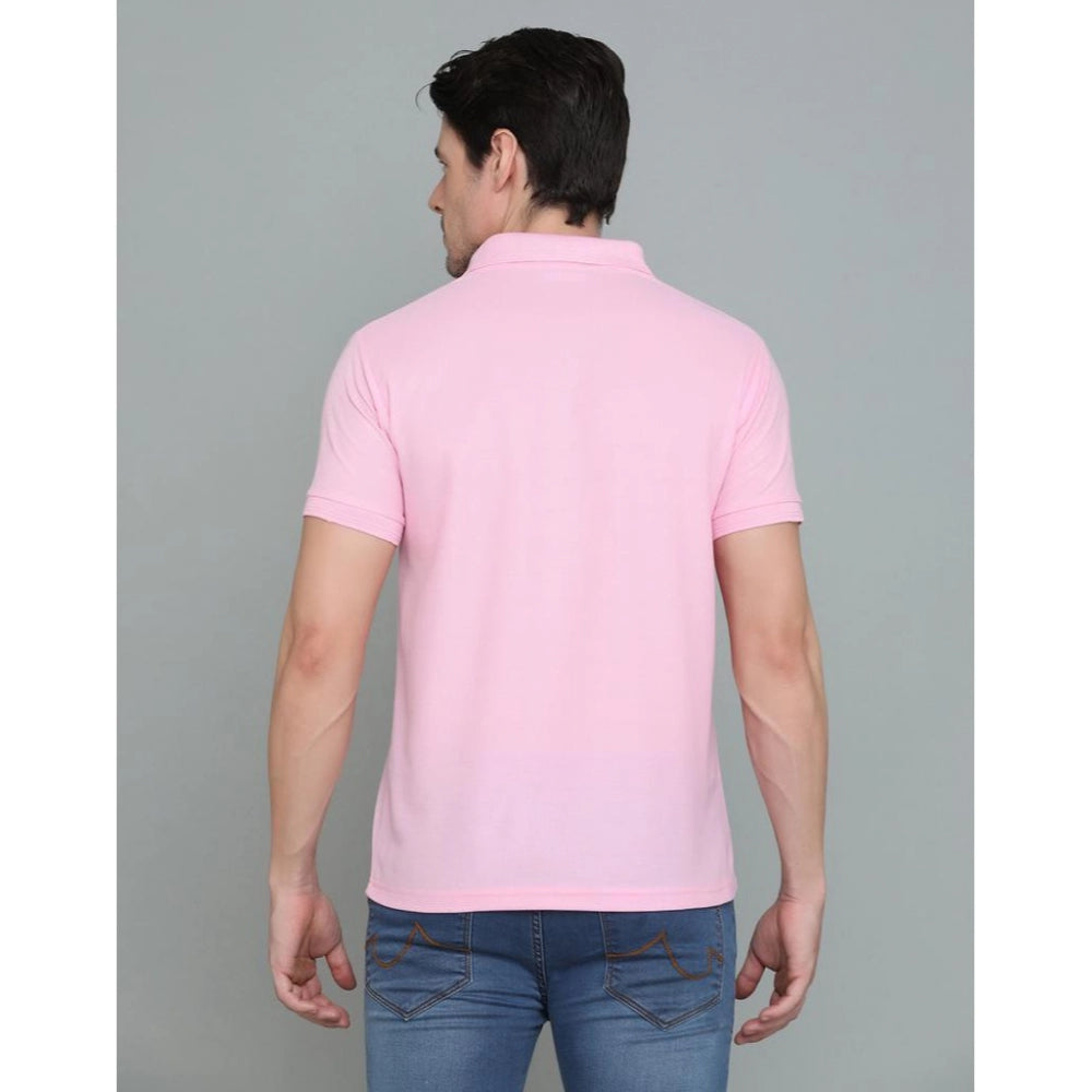 Amfyn Men's Casual Half Sleeve Solid Cotton Blended Polo Neck T-shirt (Pink)