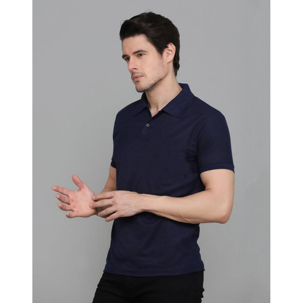 Amfyn Men's Casual Half Sleeve Solid Cotton Blended Polo Neck T-shirt (Navy Blue)