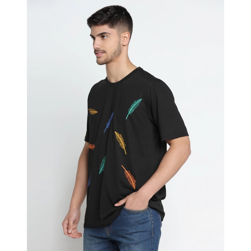 Amfyn Men's Casual Half Sleeve Printed Cotton Blended Round Neck T-shirt (Black)