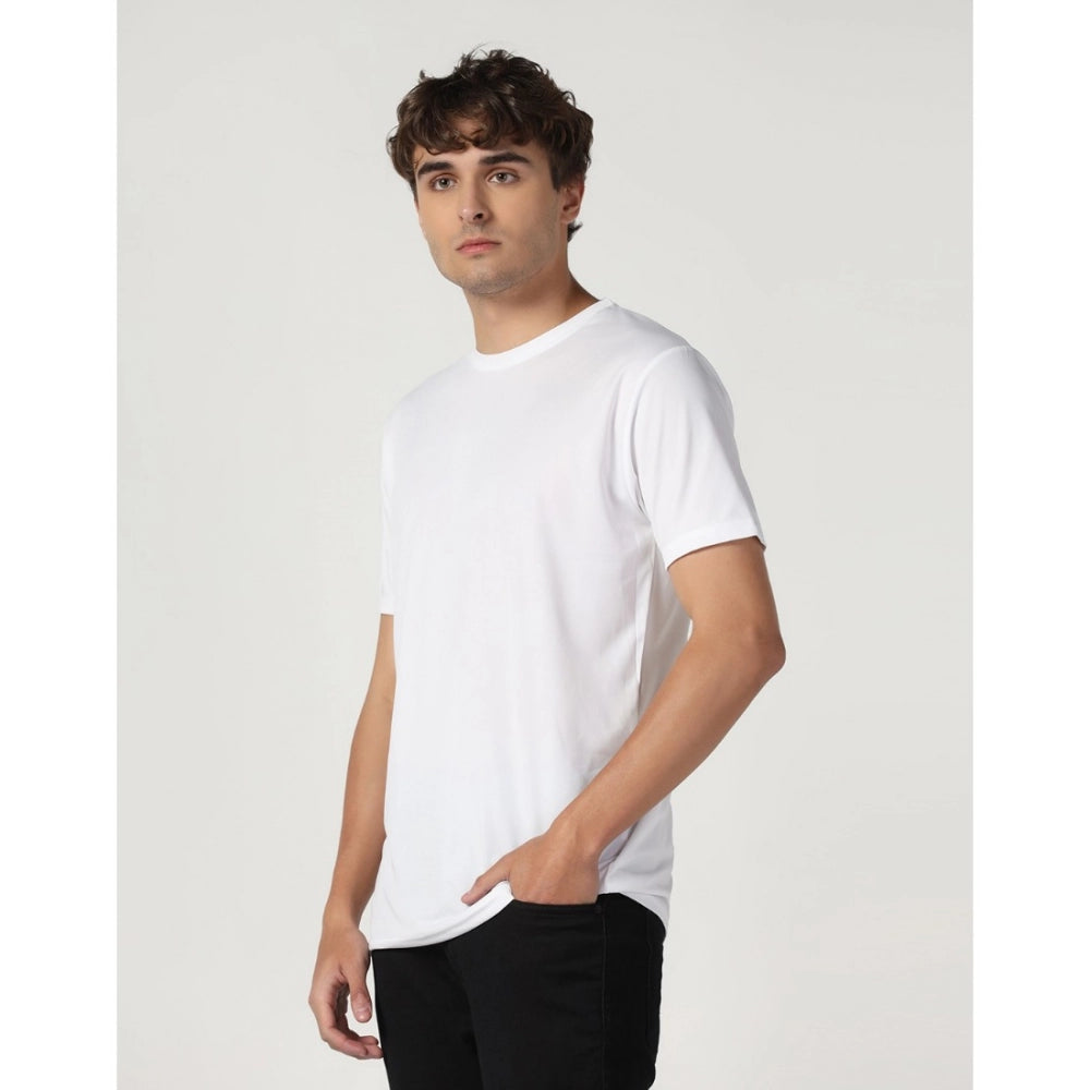 Amfyn Men's Casual Half Sleeve Solid Polyester Round Neck T-shirt (White)
