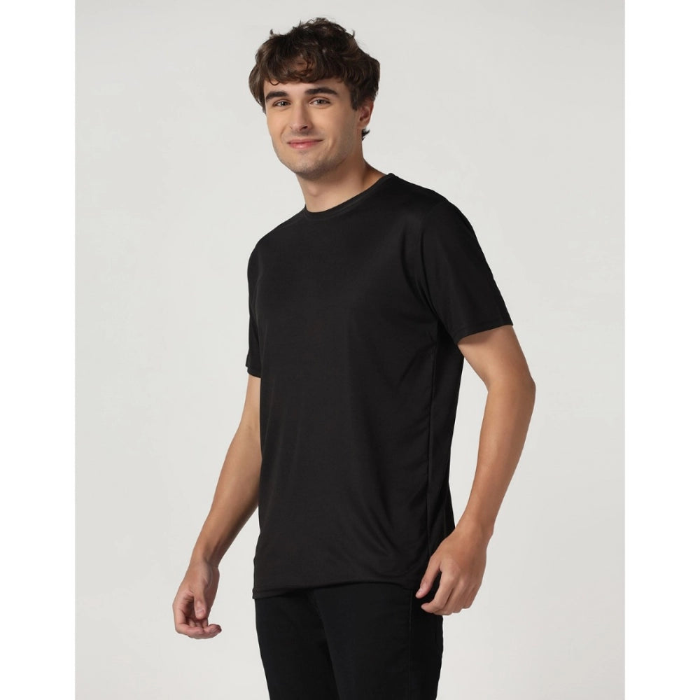 Amfyn Men's Casual Half Sleeve Solid Polyester Round Neck T-shirt (Black)