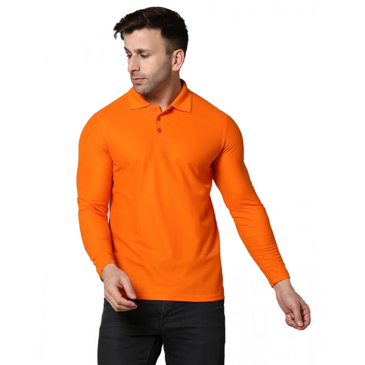 Amfyn Men's Casual Full Sleeve Solid Cotton Blended Polo Neck T-shirt (Orange)
