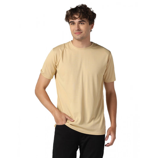 Amfyn Men's Casual Half Sleeve Solid Polyester Round Neck T-shirt (Beige)
