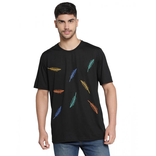 Amfyn Men's Casual Half Sleeve Printed Cotton Blended Round Neck T-shirt (Black)