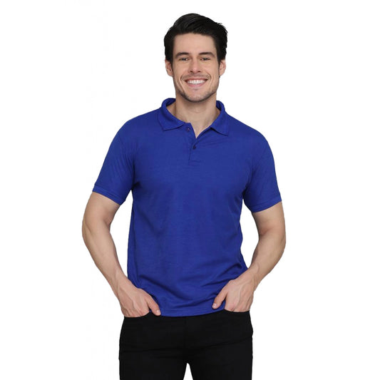 Amfyn Men's Casual Half Sleeve Solid Cotton Blended Polo Neck T-shirt (Blue)