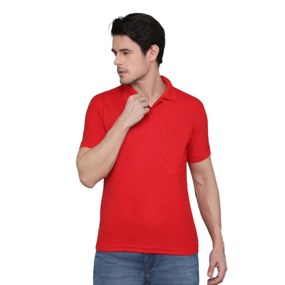 Amfyn Men's Casual Half Sleeve Solid Cotton Blended Polo Neck T-shirt (Red)