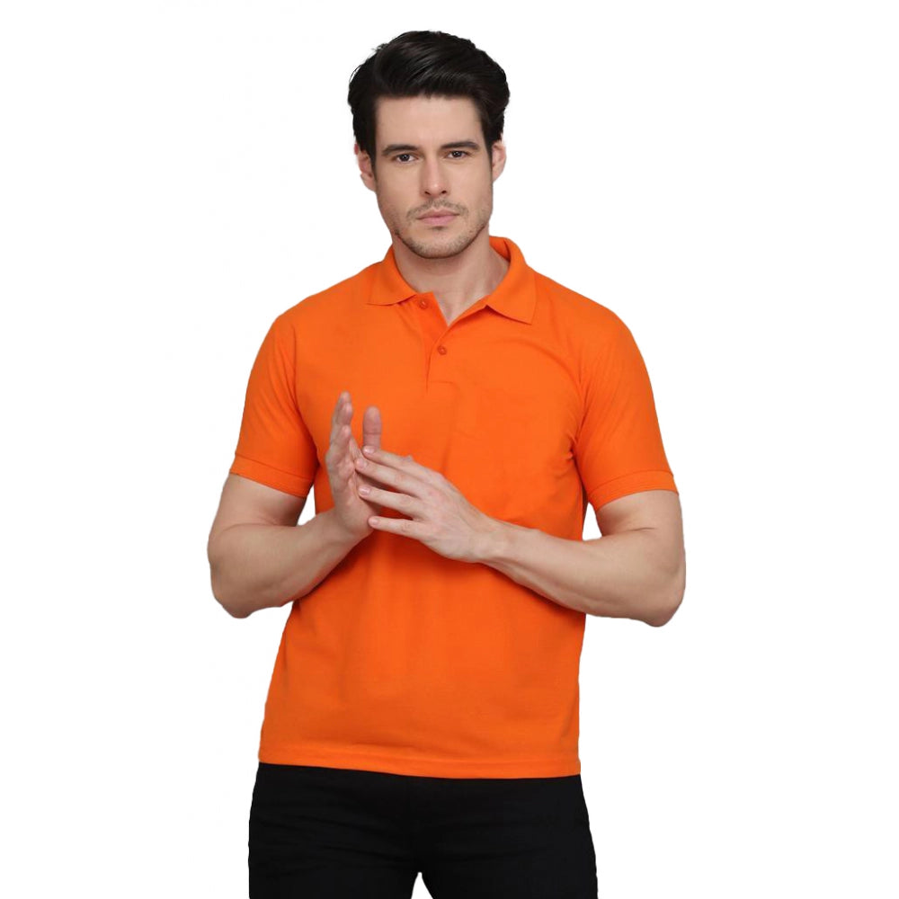 Amfyn Men's Casual Half Sleeve Solid Cotton Blended Polo Neck T-shirt (Orange)