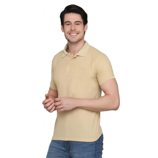 Amfyn Men's Casual Half Sleeve Solid Cotton Blended Polo Neck T-shirt (Beige)