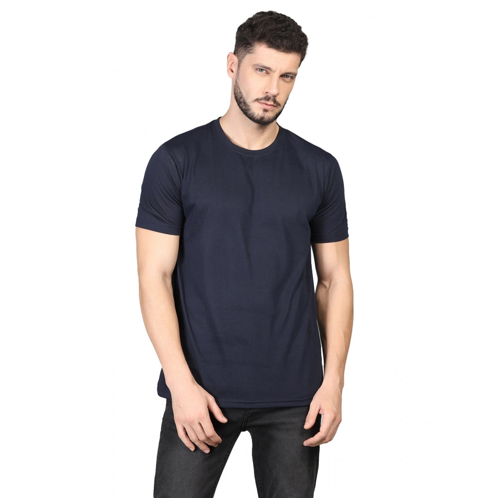 Amfyn Men's Casual Half Sleeve Solid Cotton Blended Round Neck T-shirt (Dark Blue)