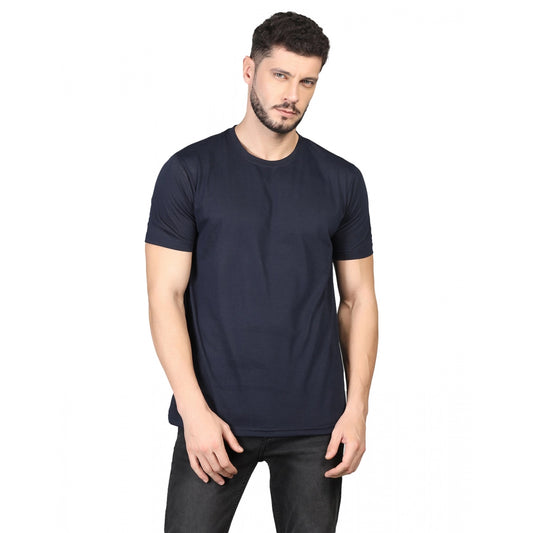 Amfyn Men's Casual Half Sleeve Solid Cotton Blended Round Neck T-shirt (Dark Blue)