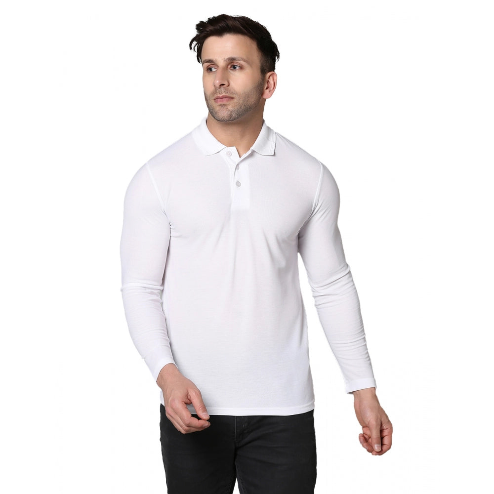 Amfyn Men's Casual Full Sleeve Solid Cotton Blended Polo Neck T-shirt (White)